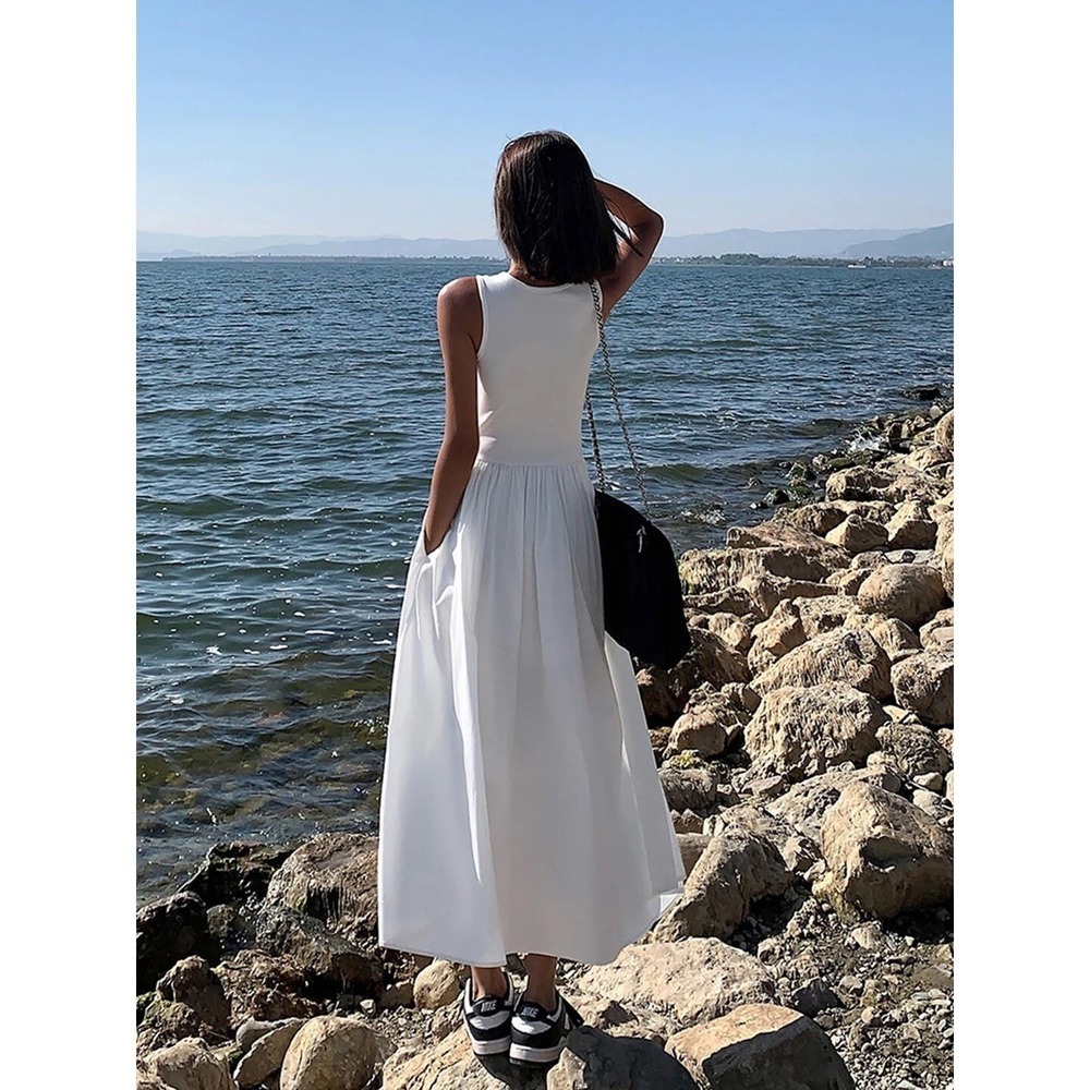 Commense White Sleeveless Midi Dress A-Line Summer Dress Pockets Size M - Picture 3 of 12